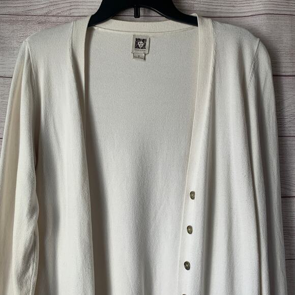 Anne Klein White Cardigan Sweater Gold Button Front Pockets Size Small - Picture 2 of 13